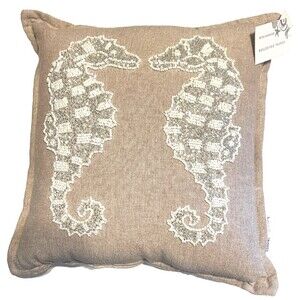 Coastal Collection Seahorse Beaded Decor Throw Pillow 12X12” Beach Ocean Beige